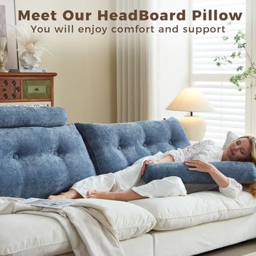 ZERALIVEN Headboard Pillow for Twin XL – Chenille Large Triangular Wedge Pillow for Headboard Gap, Daybed and Couch Backrest, Reading and Sitting Up in Bed with Removable Washable Cover, Blue - Thumbnail 5