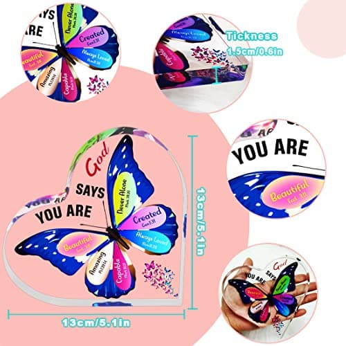 JUNQIU Christian Gifts for Women, Inspirational Faith Gifts for Women Religious, Bible Verse and Encouragement Butterfly Desk Decor, Gift for Mom, Friend, Sister- Acrylic Hearts Plaques - Thumbnail 5