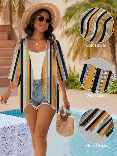 GKBK Women's Floral Print Puff Sleeve Kimono Cardigan Beachwear Capes Loose Cover Up Casual Blouse Tops Black Khaki Stripes XL - Thumbnail 4
