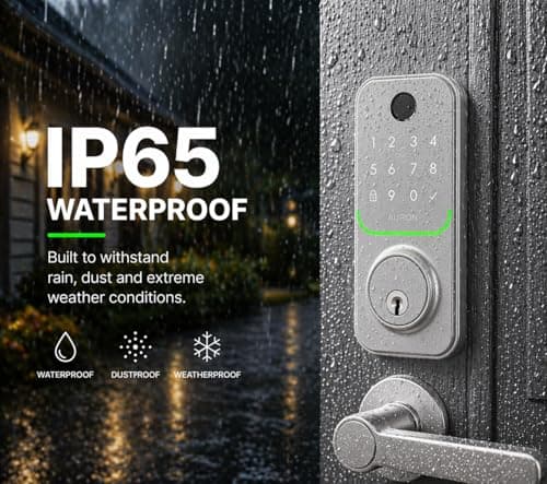Smart Deadbolt Lock – 5-in-1 Keyless Entry: Fingerprint, Keypad, App, Card & Key | IP65 Weatherproof | Auto-Lock | Fits Standard Doors 1-3/8"-1-3/4" | No Wiring (Silver) - Thumbnail 5