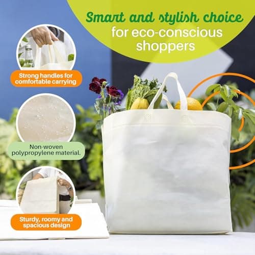 Simply Cool 50 Pack Reusable Eco-Friendly Grocery Shopping Bags 12.6"x6.3"x11.8" Durable, Recyclable, Washable, Foldable, Portable Tote Bags Bulk (50 Pack,Cream) - Thumbnail 4