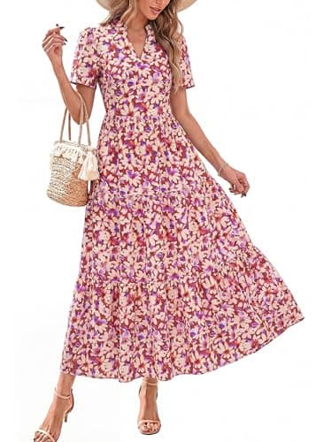 KIRUNDO Womens Summer Floral Maxi Dress Short Sleeve V Neck Boho Long Flowy Casual A Line Dresses 2026 Beach Vacation Outfits(Purple Flower, Medium) - Image 1