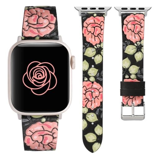 Moolia Floral Leather Band Compatible with Apple Watch Band 42/41/40/38mm Women, Cute Romantic Vintage Rose Pattern Strap for iWatch Series 11 10 9 8 7 6 5 4 3 2 1 SE/Ultra(1/2/3), Black/Hot Pink
