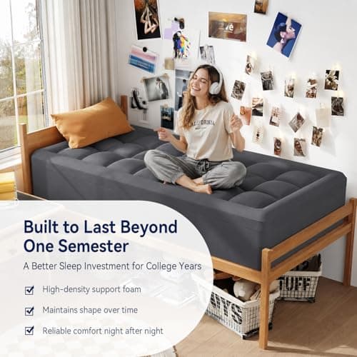 ELEMUSE Dual Layer 3 Inch Memory Foam Mattress Topper Twin XL, Dorm Room 2 Inch Cooling Gel Memory Foam Plus 1 Inch Down Alternative Pillowtop Mattress Pad, College Essential, Comfort Support, Grey - Thumbnail 3