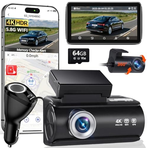 Faninso Dash Cam Front and Rear, 4K Full HD Dual Dash Camera for Cars, Built-in Memory Card Monitoring, 64GB Card, 5G WiFi GPS, Car Camera with 3" IPS Screen, 2160P Night Vision, 24H Parking Monitor - Image 1