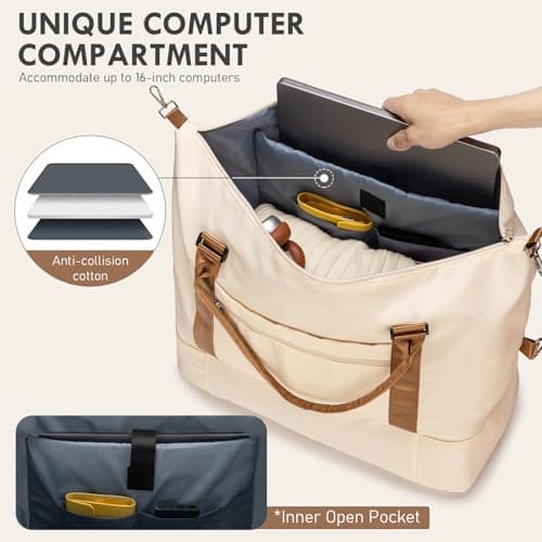 WOOMADA Weekender Overnight Bag for Women, Shoulder Travel Duffel with Shoes Compartment,Gym Bag with Toiletry Bag Large Size(beige&brown) - Thumbnail 3