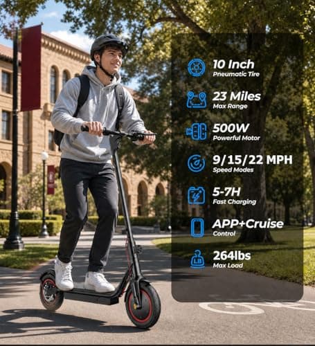Electric Scooter for Adults, 23 Miles Range,Top Speed 22MPH E-Scooter, 500W Motor Electric Scooter with 10" Pneumatic Tires, 441Wh Battery Escooter, Light Control for Adult, App Support - Thumbnail 2