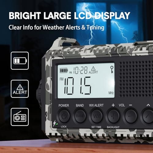 Emergency Radio 12000mAh AUTO NOAA Weather Radio, Solar Hand Crank Portable AM/FM Shortwave Radio with Rechargeable Battery Powered, Flashlight, Reading Lamp, SOS Alarm for Indoor Outdoor Emergencies - Thumbnail 5