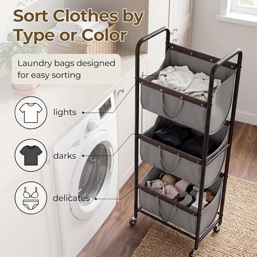GRANNY SAYS 3 Tier Laundry Sorter, Laundry Hamper with Wheels, Laundry Room Organization and Storage, 3 Section Rolling Laundry Cart for Dorm, Bathroom, Bedroom, Closet, Grey - Thumbnail 3
