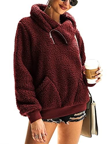 KIRUNDO Winter Clothing for Women Sherpa Pullover Fleece Zip Sweatshirt 2026 Fall Fashion Fuzzy Faux Shearling Warm Outwear(Large, Wine Red) - Image 1