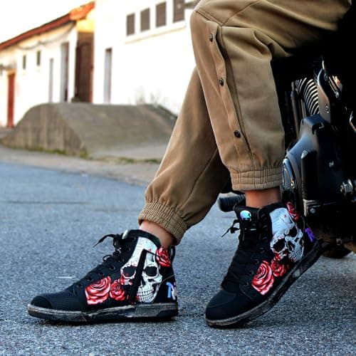 GXZUORUI Retro Skull & Rose Motorcycle Riding Shoes for Men Women, Casual Daily Wear Motocross Sneakers with Side Zipper, Ankle Support & Anti-Slip Protective Footwear (Red, Adult, Men, 12, Numeric, US Footwear Size System, Medium) - Thumbnail 2