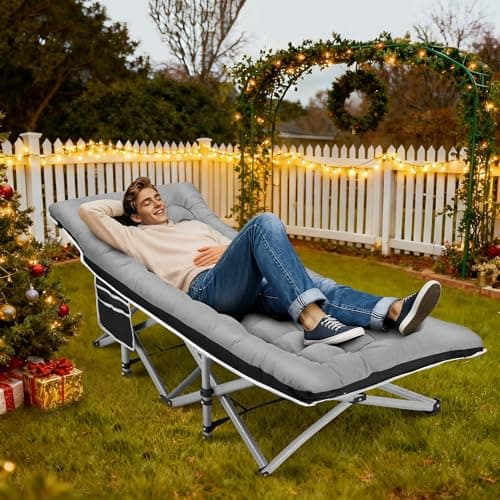 Fragess Portable Camping Cot, Sleeping Cots for Adults, 28" Extra Wide Folding Cot Max Load 600LBS with Thick Mattress, Portable Camping Bed for Outdoor Camp/Office, Home Nap (Black+Grey) - Thumbnail 2