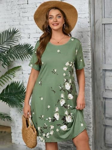 AusLook Plus Size Floral Midi Dress for Women Casual Summer Short Sleeve A Line Swing 5X Dress with Pockets Round Neck Flowy Knee Length T Shirt Vacation Beach Sundress - Thumbnail 3