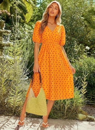 Dokotoo Summer Womens Dresses a Line Floral Flowy Casual Sundress Fashion Clothing Short Sleeve V Neck Boho Maxi Dress with Pockets 2026 Easter Spring High Waist Flowy Loose Fit Beach Dress Orange - Thumbnail 2