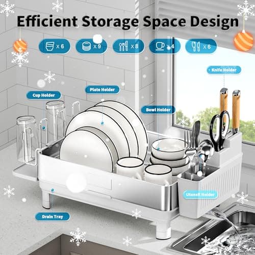 Ewaiira Dish Drying Rack, 304 Stainless Steel Dish Racks for Kitchen Counter, Dish Drainers with Automatic Drainage, Utensil Holder & Cups Holder, Space Saving Kitchen Organizer, White - Thumbnail 6