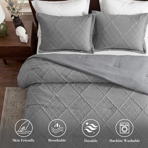Amélie Home Twin Comforter Set, 2 Piece Grey Jacquard Bedding Set with 1 Pillow case, Soft Microfiber Diamond Design, Lightweight All-Season for Bedroom & Dorm - Thumbnail 2