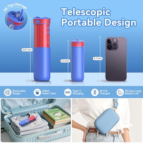 JTF Portable Water Flosser for Kids: 4 Gentle Modes for Ages 6+, Safe & Effective for Sensitive Teeth, Braces - with DIY Stickers, 4 Nozzles, Travel Bag, Mini Compact Oral Irrigator for Home & School - Thumbnail 2