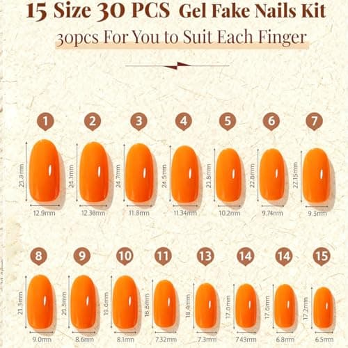 Bright Orange Press on Nails Medium, False Acrylic Nails Press Ons,Jelly Fake Nails,Natural Petite Glue on Nails,Stick on Nails for Women Girls in 30 PCS - Thumbnail 6