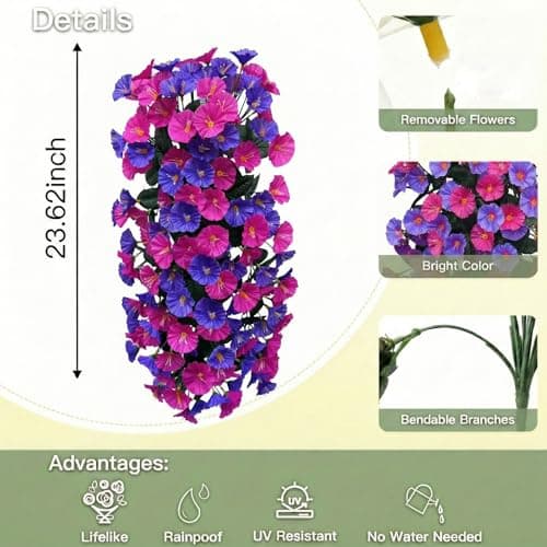 Artificial Flowers for Outdoors Fake Fuchsia Purple Morning Glory Hanging Flower Decoration, 2Pcs Realistic Faux Plants Petunias Long Trailing Vines,Spring Decor for Porch Patio Balcony Planter Yard - Thumbnail 3