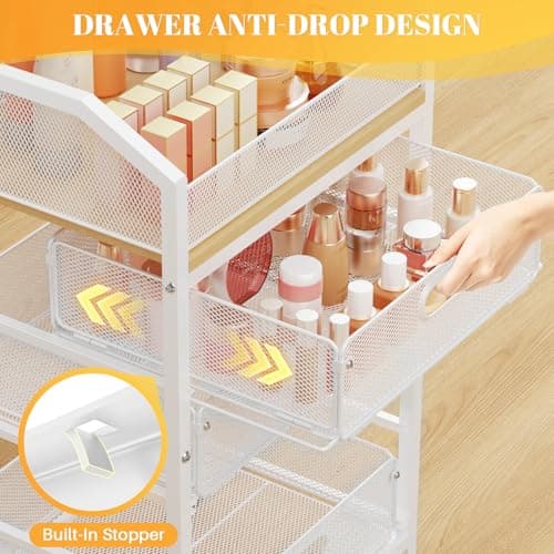 SUNALLY Makeup Organizer Cart with 4 Drawers, Rolling Makeup Storage Cart Metal Skincare Organizers, Large Vanity Storage Organizer Cosmetics Display Cases for Skin Care Perfume Nail Polish, White - Thumbnail 3