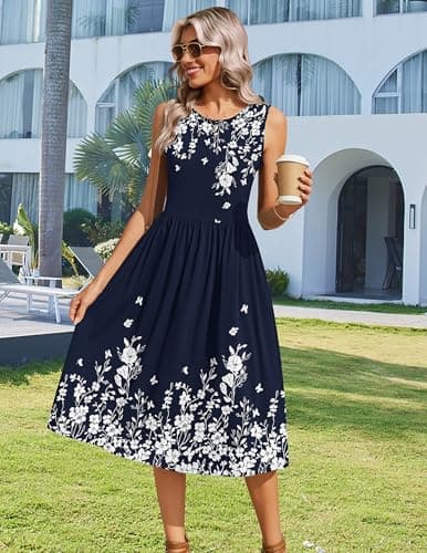HOTOUCH Womens Casual Sleeveless Dress Floral A-Line Midi Tunic Dress Summer Loose Aline Tank Shift Dresses Tropical Beach Vacation Sundress - Thumbnail 4