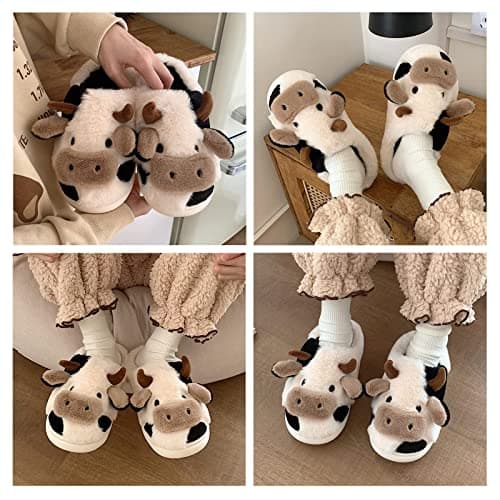 PUWAN Cute Cow Fuzzy Slippers for Women Men, Cotton Animals House Slippers Fluffy Plush Indoor Shoes for Living Room Bedroom, Size 9.5-10 - Thumbnail 5