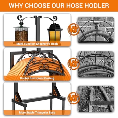 Oursieez Garden Hose Holder with Shepherds Hooks - Freestanding Metal Water Hose Holder Stand Holds 160ft, Heavy Duty Garden Hanger Storage Rack for Outside Yard Lawn Farm - Thumbnail 4