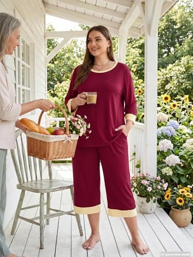 AusLook Women’s Plus Size Pajama Sets Burgundy 4X Soft 3/4 Sleeve Nightwear Top and Capri Pants Lounge Set with Pockets - Thumbnail 2