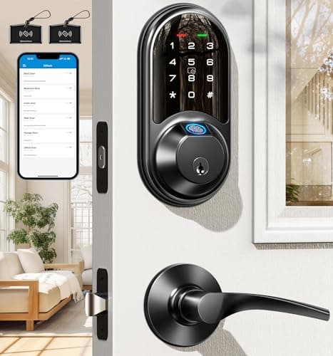 Veise RZ07B Smart Locks for Front Door, 2 Lever Handles, Fingerprint Keyless Entry, App Control Biometric Door Lock Set, Touchscreen Keypad Deadbolt, Easy Install, Auto Locking, Matte Black