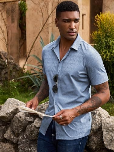 URRU Mens Short Sleeve Dress Shirts Casual Stretch Wrinkle Free Button Down Shirts Beach Summer Tops Deep Blue XXL - Thumbnail 3