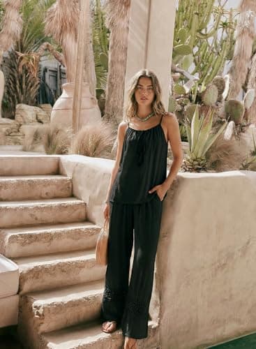 Dokotoo Matching Sets Women Clothing Summer Casual Spaghetti Strap Tank Tops and Wide Leg Lace Pants Set with Pockets Going Out Resort Wear Black X-Large - Thumbnail 6
