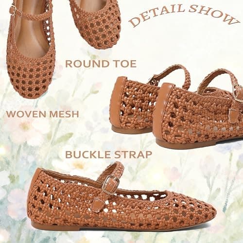 Brown Woven Ballet Flats for Women Round Toe Mesh Flats Buckle Strap Flat Shoes Comfortable Mary Jane Dressy Mesh Shoes Casual Ballerina Mary Janes Size 9.5 - Thumbnail 5
