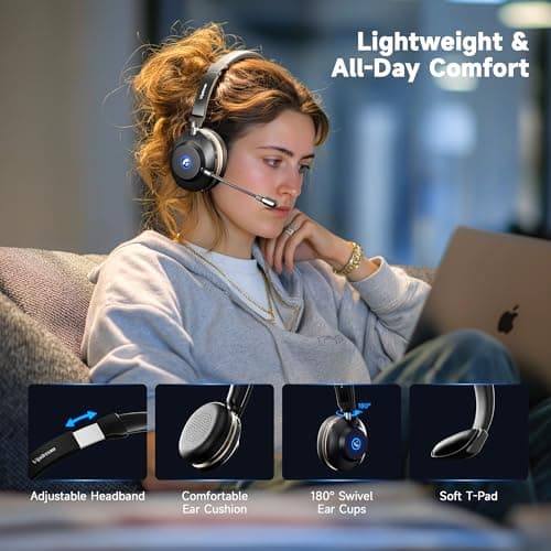 Vipdream Wireless Headset with Microphone for Work, Bluetooth 5.3 Computer Headset for Laptop, 45 Hours Battery Life & Mute Button, Headset with Mic for PC, iPhone, Zoom, Skype, Office & Home - Thumbnail 5