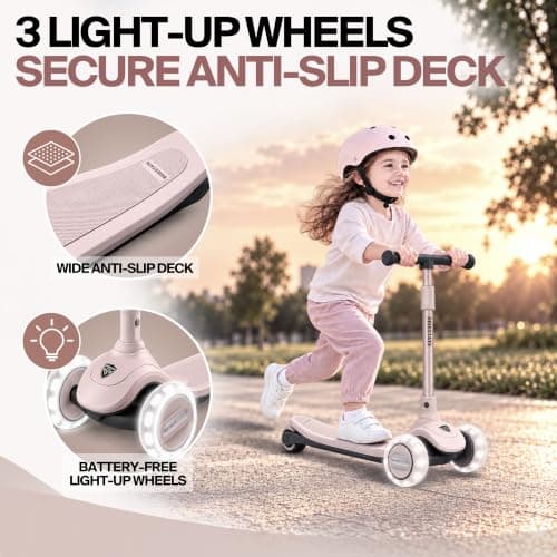 BEIESTATE 3 Wheel Scooter for Kids Ages 3-18, Up to 220 Lbs, Kids Scooter with Adjustable Lean-To-Steer Switch, Foldable, Lightweight, Wide Anti-Slip Deck, Adjustable Height Handlebar, Light-Up Wheels - Thumbnail 6