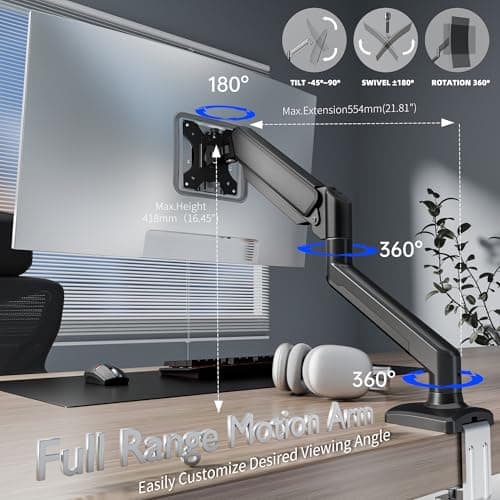 Single Monitor Arm Desk Mount，Gas Spring Monitors Arm for 17-32 inch Screens,Adjustable Computer Monitors Stand up to 4.4 to 19.8 lbs,Vesa Mount with Clamp and Grommet Base, VESA 75 & 100mm,Single - Thumbnail 6