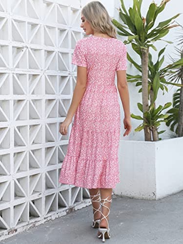 Lyrur Womens Short Sleeve Midi Dress with Pockets Pink Floral Crewneck Tiered Ruffle Casual Summer Sundress(S,9191-Pink Floral) - Thumbnail 2