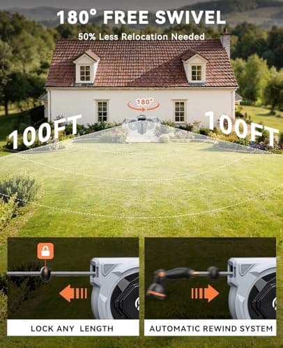 SUNPOW Retractable Garden Hose Reel - 5/8in x 100ft Heavy Duty Wall Mounted Hose Reel with 3/4in Brass Fitting & 10 Function Nozzle - Any Length Lock, Auto Rewind System, 180°Swivel Bracket - Gray - Thumbnail 4
