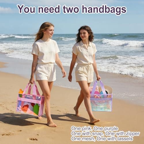Gryvol 2-Piece 26L Iridescent Beach Bag for Women, Purple Tote Bag with Snap Closure & Pink Clear Bag with Zipper, Waterproof Large Beach Totes for Family Summer Travel Essentials - Thumbnail 4