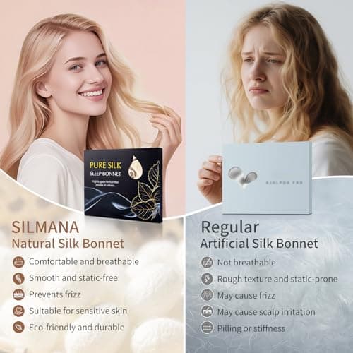 SILMANA Silk Bonnet for Sleeping Women, 22 Momme 100% Mulberry Silk Sleep Cap with 2 Matching Silk Scrunchies, Double-Sided Wearable Hair Bonnet for Night Hair Care and All Hair Types - Light Gold - Thumbnail 3