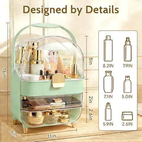 Makeup Organizer with Drawers-Cosmetic Display Case for Vanity|Skincare Organizer with 360 Rotating Brush Holder,Large Storage Box Dresser,Women Gifts Display Cases for Bathroom Countertop,Green - Thumbnail 2
