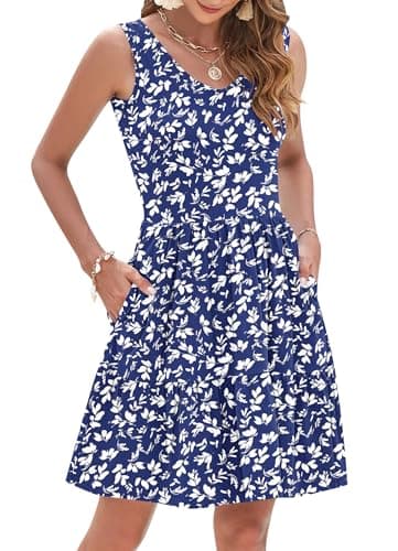 AUSELILY Womens Summer Dresses 2026 Casual Sleeveless Sundress Beach Vacation Flowy Tiered Short Dresses with Pockets BU Floral S S - Image 1