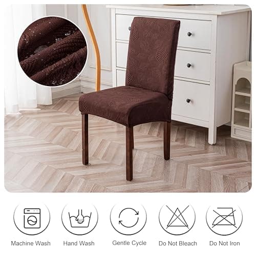 Genina Waterproof Dining Chair Covers Set of 2,Stretch Dining Room Chair Slipcovers with Leaf Jacquard,Removable Kitchen Chair Protector for Home,Restaurant,Banquet-Dark Brown - Thumbnail 5