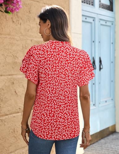 LOOKBOHO Womens Casual Red Tops Ruffle Short Sleeve V Neck Floral Blouses Fashion Summer Chiffon Office Shirts Red L - Thumbnail 3