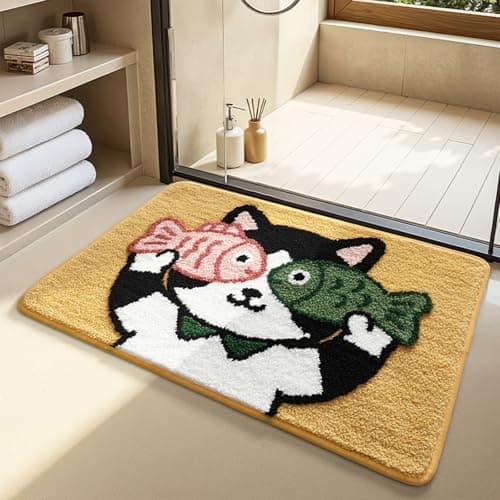 TIQOGRZP Cute Bath Mat, Cat Bath Mats,Cute Bathroom Rugs,Ultra Soft, Absorbent Quick,Non Slip TPR, 32" x 20" Machine Washable Funny Bathroom Mat,for Bathroom Door(Cat Playing with Fish, 32" x 20") - Image 1