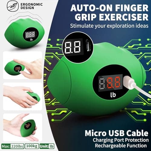 DIOTUSS Hand Grip Strengthener, Rechargeable Digital Grip Strength Trainer up 220.4 Lbs(100kg) Hand Grip Exerciser Equipment for Strength Training-Forearm-Gripper-Finger, Stress Balls for Adults/Kids (Green) - Thumbnail 2