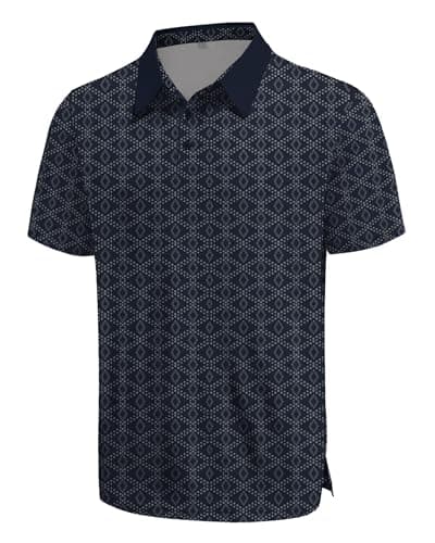 KUYIGO Mens Golf Polo Shirts Dry Fit Performance Moisture Wicking Casual Print Collared Shirts M Dark Blue - Image 1