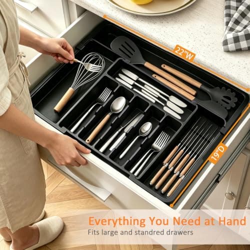 Homecor Silverware Organizer - Expandable Large Kitchen Drawer Organizer Utensil Organizer with 2 Removable Knife Blocks, 22"x 19"Cutlery Tray Drawer Dividers for Kitchen Flatware(6-9 Slots) (Black) - Thumbnail 6