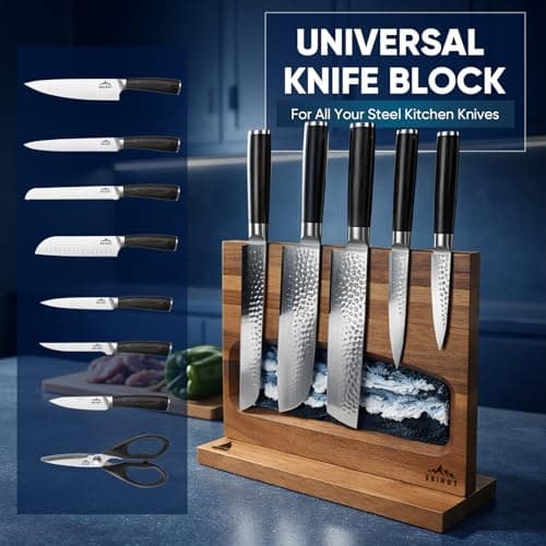 Magnetic Knife Block, Double Sided Kitchen Knife Holder for Countertop, Freestanding Acacia Wood Knife Organizer with Hand-Painted Wave Textured Abstract Painting (Black Blue) - Thumbnail 6