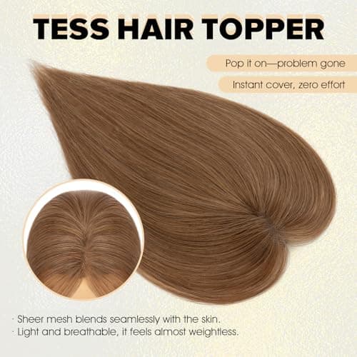 TESS Hair Toppers for Women Hair Pieces for Women with Thinning Hair Clip in Handmade Lace Base 3 Clips, 3.2 × 4.5 Inch, 12 Inch, Dark Linen - Thumbnail 4
