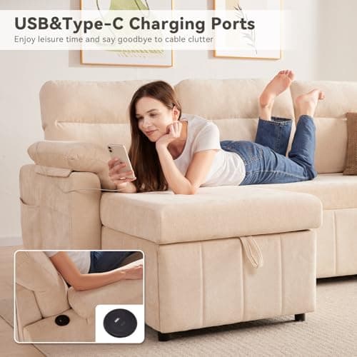 Tbfit 84" Sofa Bed Couch, Pull Out Couch with USB & Type-C Charging, Convertible Sofa Bed with Storage Chaise, Chenille Queen Sleeper Sofa for Small Spaces, Living Room, Apartment, RV, Beige - Thumbnail 3